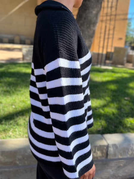 Coastal Striped Half Zip Sweater- BLACK/WHITE-K. Ellis Boutique
