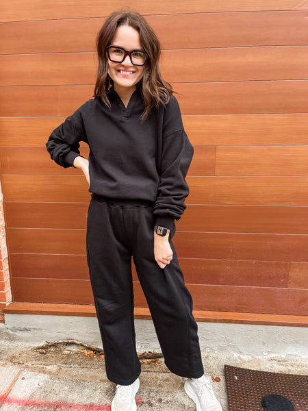 Lounge Layer Long Sleeve Collared Pullover- Black-K. Ellis Boutique