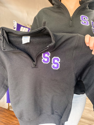 San Saba Varsity Embroidered- Black Half Zip Up-Kids-Sweatshirt-K. Ellis Boutique