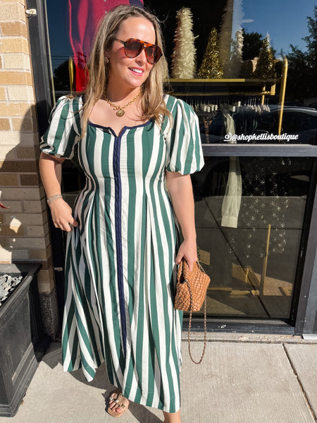 Bold Vertical Stripes Square Neck Midi Dress- Hunter Green-K. Ellis Boutique