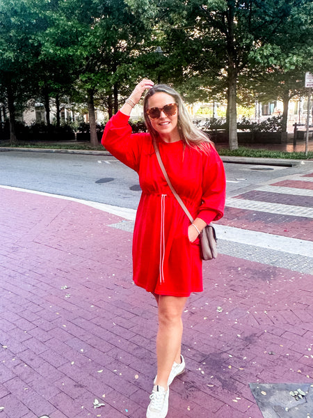 Drawstring Waist Long Sleeve Mini- Red-K. Ellis Boutique