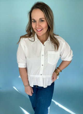 Miranda Ruffle Hem Button Up- Off White-Short Sleeve Top-K. Ellis Boutique