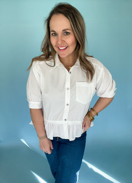 Miranda Ruffle Hem Button Up- Off White-K. Ellis Boutique