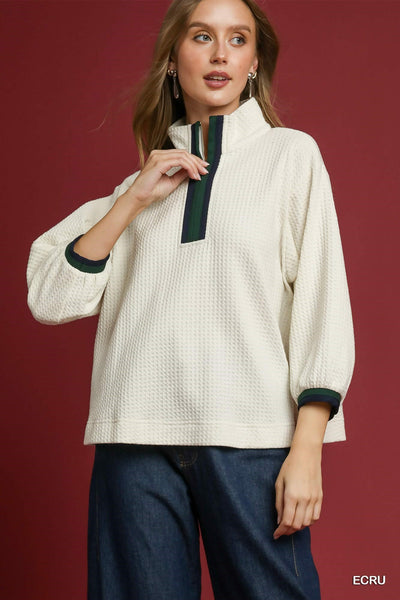 Waffle Knit Pullover with Contrast Trim- Ecru-K. Ellis Boutique