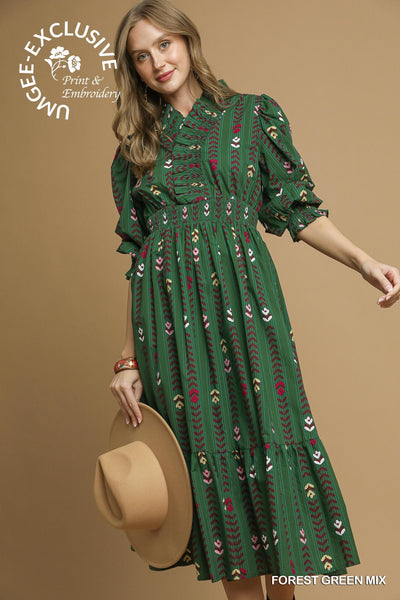 Floral Print Ruffle Trim Midi Dress- Forest Green Mix-K. Ellis Boutique