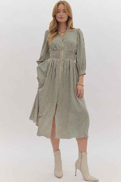 Stripe Print Zip Up Midi Dress- Hunter Green-K. Ellis Boutique