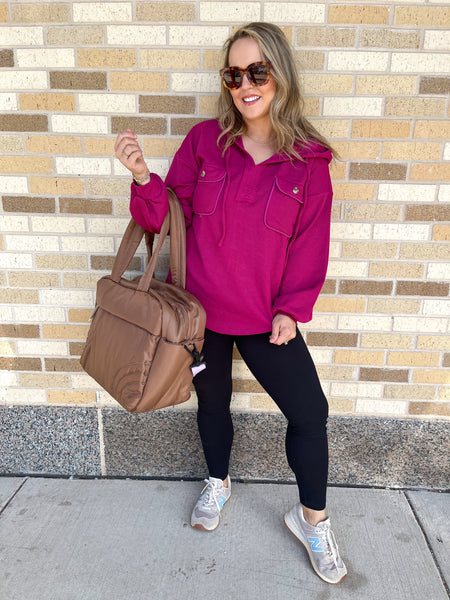 Oversized Hoodie Knit Top W/ Patch Pockets- Magenta-K. Ellis Boutique