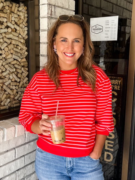 Striped Print 3/4 Sleeves Top- Pink/Red-K. Ellis Boutique