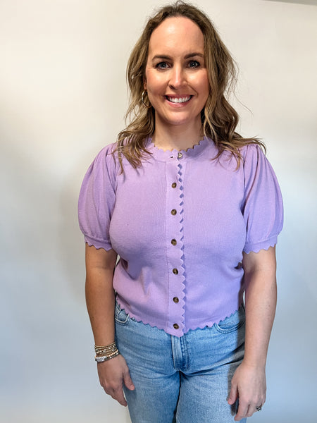 Beth Scallop Knit Button Up Cardigan /Top- Lilac-K. Ellis Boutique