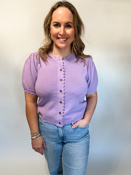 Beth Scallop Knit Button Up Cardigan /Top- Lilac-K. Ellis Boutique