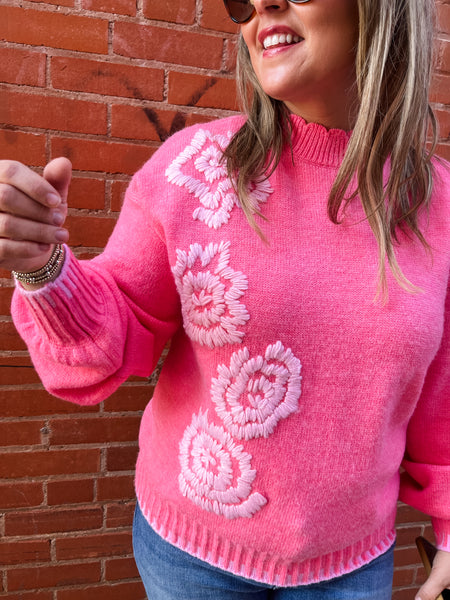 Madeline Floral Embroidery Mock Neck Sweater- Pink-K. Ellis Boutique
