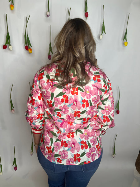 Floral Print Button Down Puff Sleeve Top- Red-K. Ellis Boutique