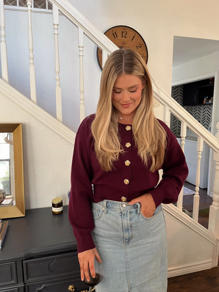 Crewneck Button Up Cardigan- Wine-K. Ellis Boutique