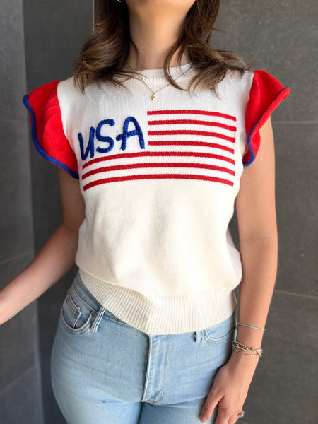 USA Flag Embroidered Sleevless Ruffle Sweater- White-K. Ellis Boutique