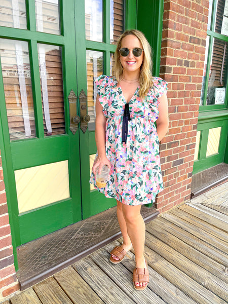 Floral Print Bow Detail V-neck Mini Dress- Pink Multi-K. Ellis Boutique