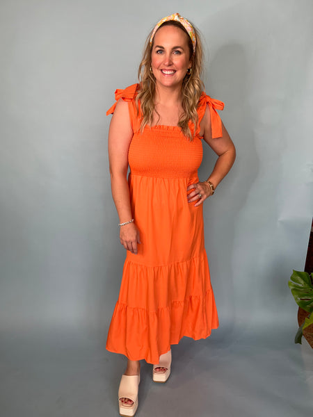 Smocked Self Tie Midi Dress - Orange-K. Ellis Boutique