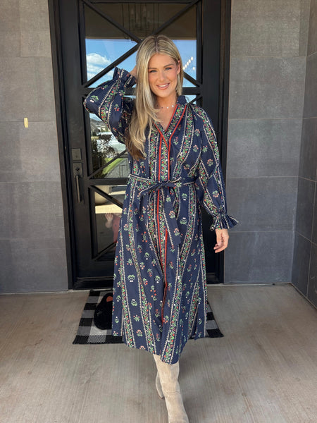 Mix Floral Stripe Maxi Dress- Navy-K. Ellis Boutique