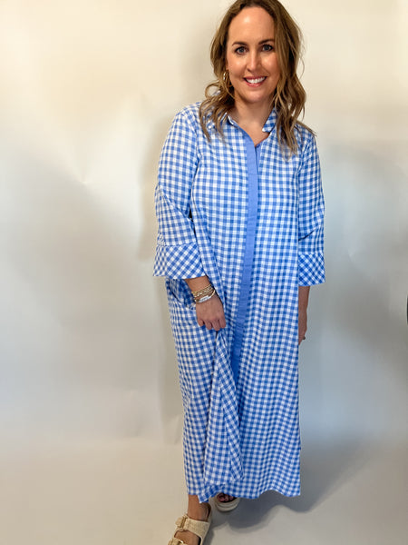 Gingham Print Collared Midi Dress- Blue-K. Ellis Boutique