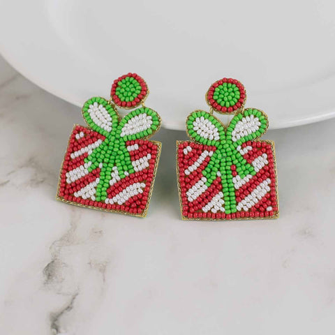 Christmas Present Beaded Earrings - Red/Green-K. Ellis Boutique