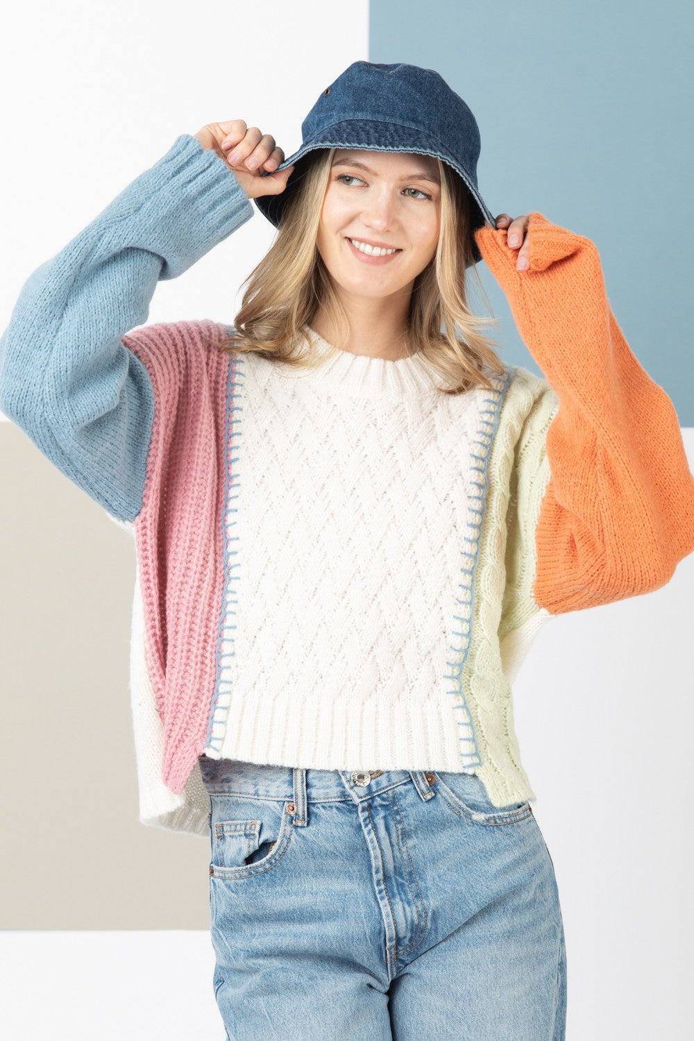 Color Block Casual Knit Sweater Top- Cream-K. Ellis Boutique