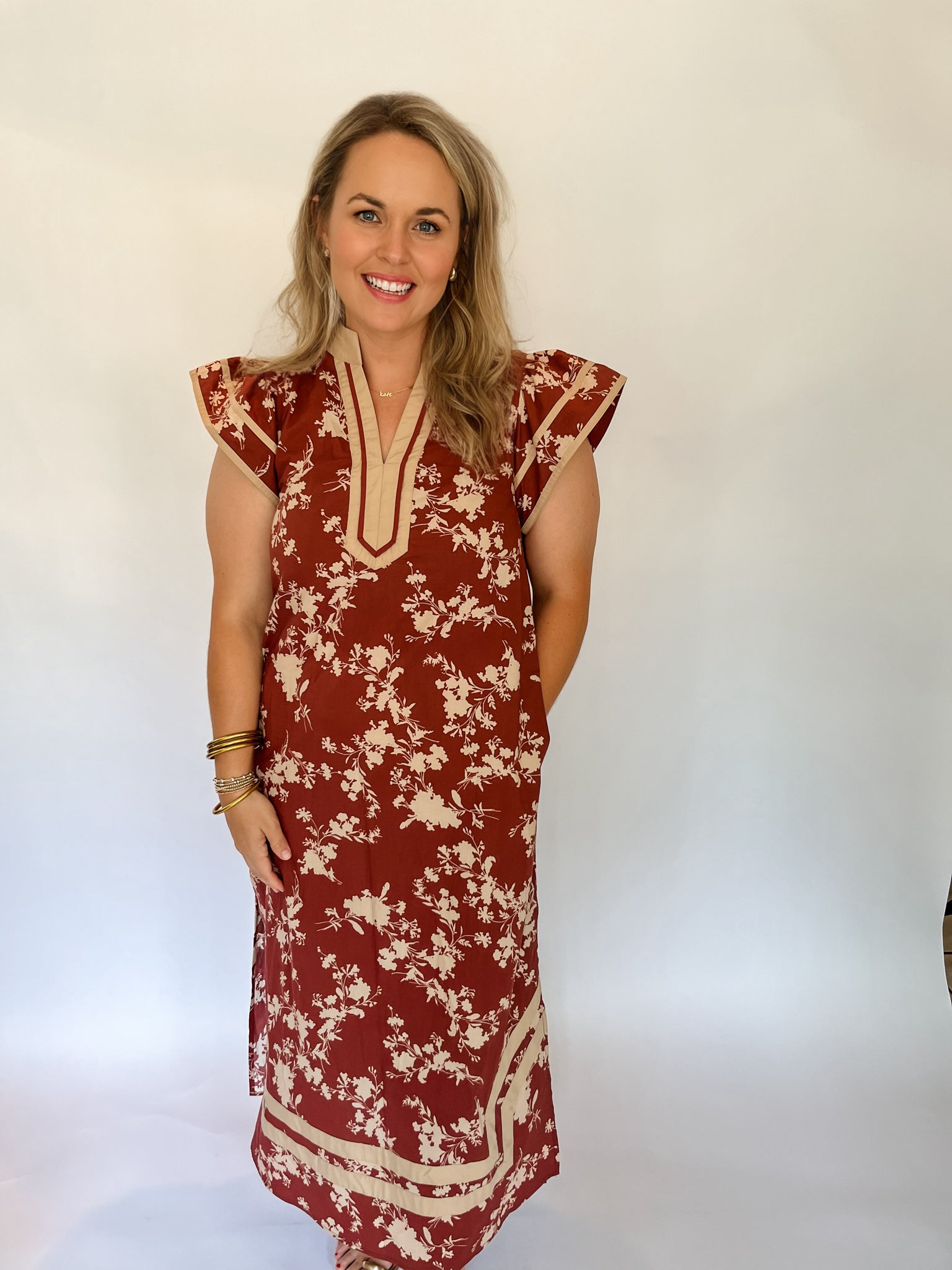 Floral Flutter Sleeve Midi- Brick & Tan-K. Ellis Boutique