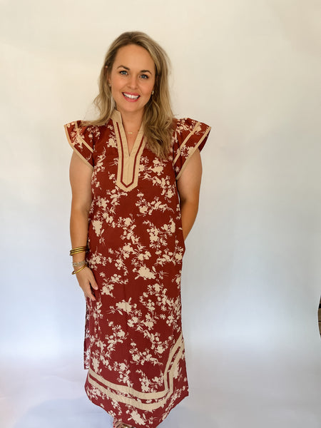 Floral Flutter Sleeve Midi- Brick & Tan-K. Ellis Boutique
