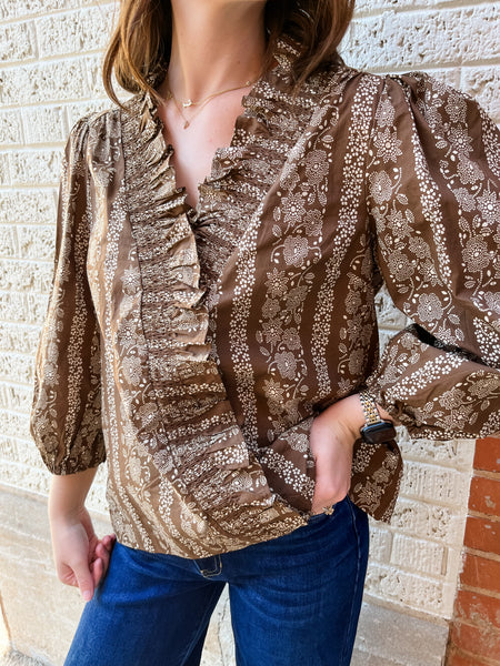 Abstract Print Ruffle Front Blouse- Brown-K. Ellis Boutique