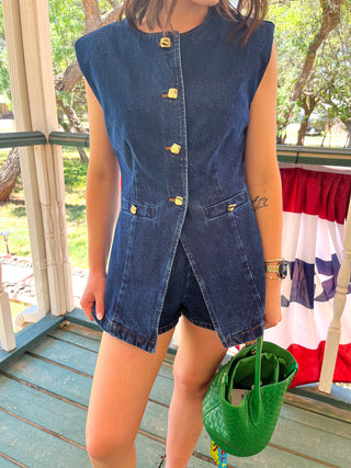 Dark Denim Shorts with Gold Buttons- English Factory-K. Ellis Boutique