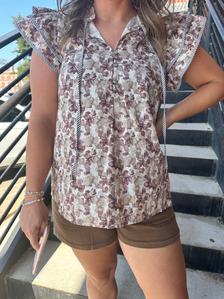 Floral Print V-Neck Top- Ecru-K. Ellis Boutique