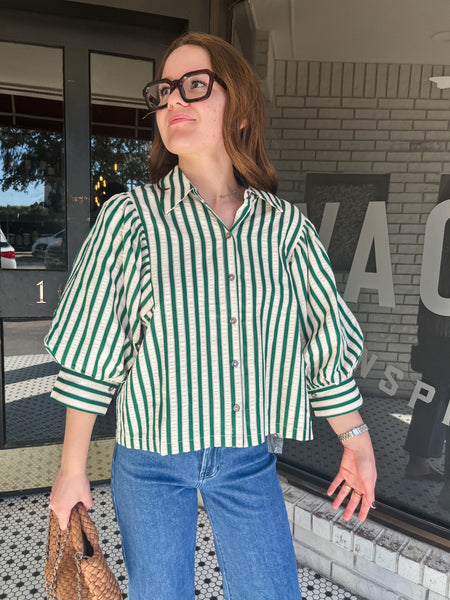 Striped Puff Sleeve Button Down- Green-K. Ellis Boutique