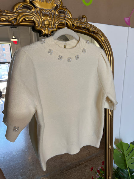 Pearl Detail Puff Sleeve Top- White-K. Ellis Boutique