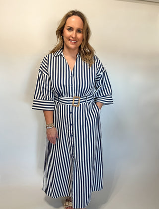 Sarah Collared Stripe Midi- Navy-Midi-K. Ellis Boutique