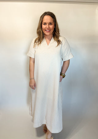 Stripe Midi Dress - Oatmeal-Midi/Maxi Dress-K. Ellis Boutique