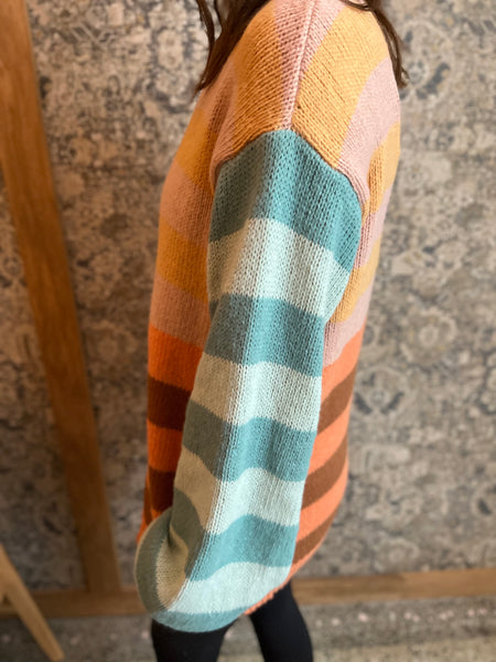 Striped Color Block Mock Neck Loose Fit Sweater - APRICOT-K. Ellis Boutique