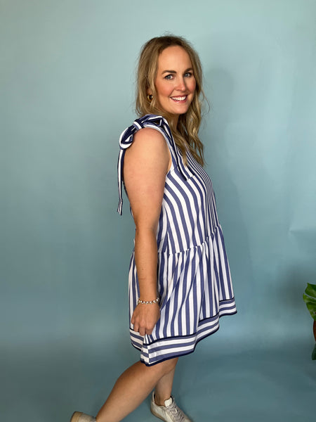 Stripe Print V-Neck Mini Dress - Blue-K. Ellis Boutique