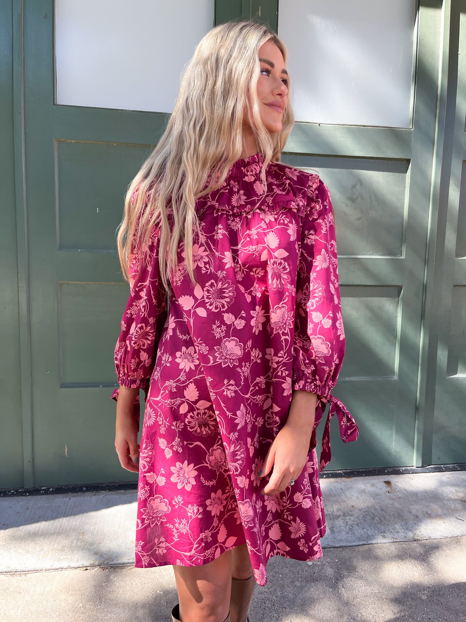Mulberry Floral Rowena Ruffled Cotton Shift Dress- WINE COMBO-K. Ellis Boutique