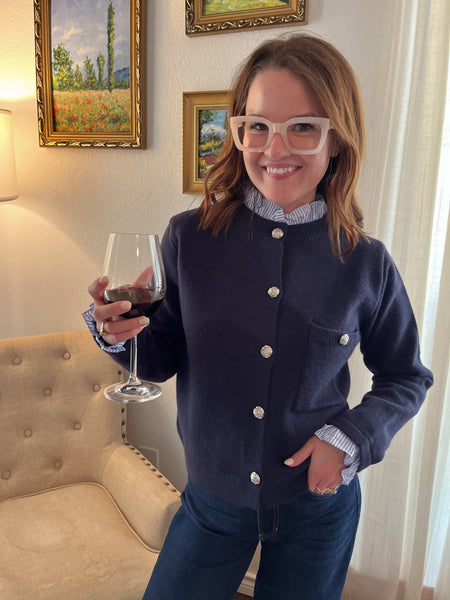 Ruffle Neckline Crewneck Cardigan- Navy-K. Ellis Boutique