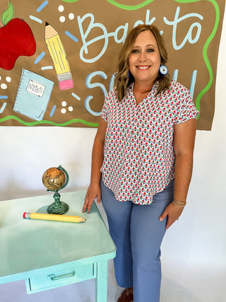 Collared Vneck Printed Top- Red/Blue-K. Ellis Boutique