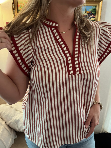 Stripe Flutter Sleeve Top- Rust-K. Ellis Boutique