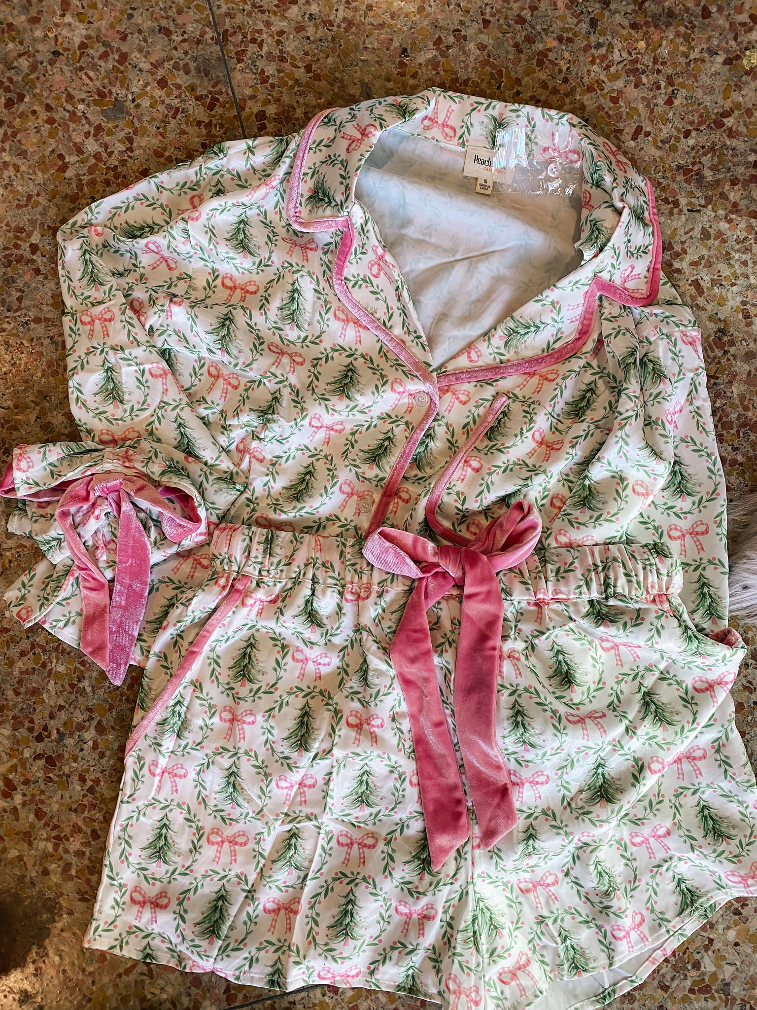 Satin Christmas Tree and Bow Pajama Set- Ivory/Green/Pink-K. Ellis Boutique