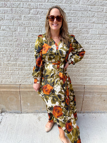 Abstract Rose Button Up Midi Dress- Rust/Olive-K. Ellis Boutique