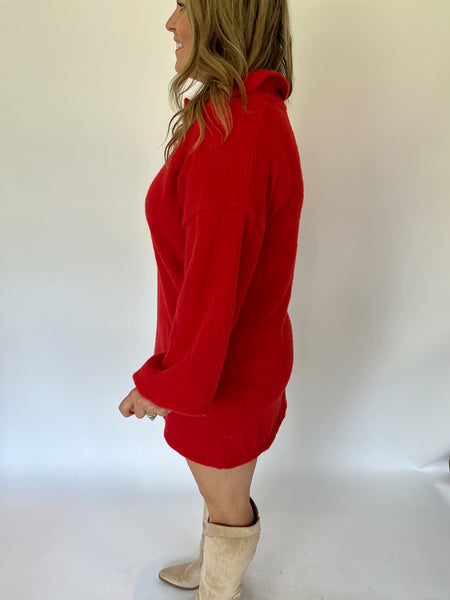 LONG SLEEVE COLLAR FUZZY SWEATER DRESS- RED-K. Ellis Boutique