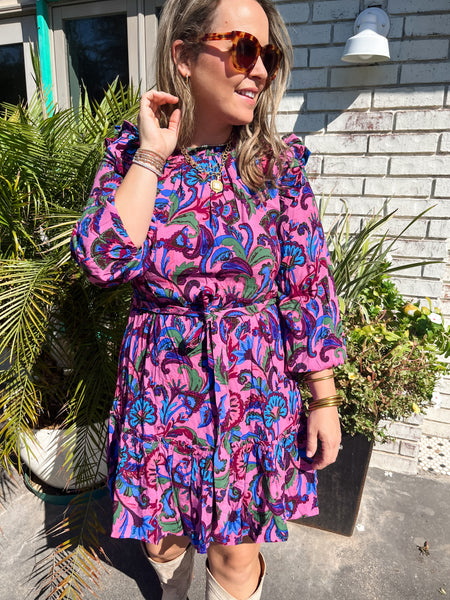 Valier Floral Balloon Sleeve Blouson Mini- Mauve Multi-K. Ellis Boutique