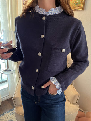 Ruffle Neckline Crewneck Cardigan- Navy-K. Ellis Boutique