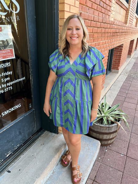 Mixed Line V-Neck Mini Dress - Green-K. Ellis Boutique