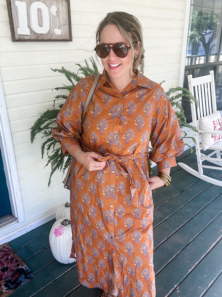 Emily Block Print Midi Dress- Brown Print-K. Ellis Boutique