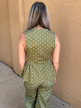 Olive Dot Peplum Top-Sleeveless Top-K. Ellis Boutique