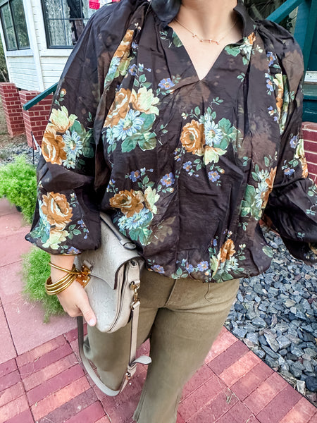 Floral Print Sydney Blouse -Chocolate Floral Print-K. Ellis Boutique