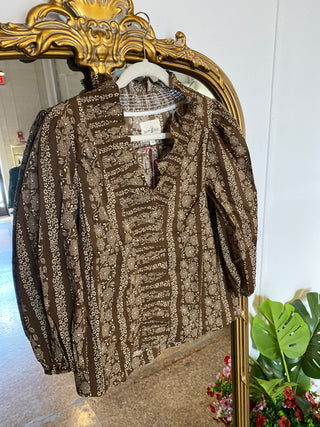 Abstract Print Ruffle Front Blouse- Brown-K. Ellis Boutique