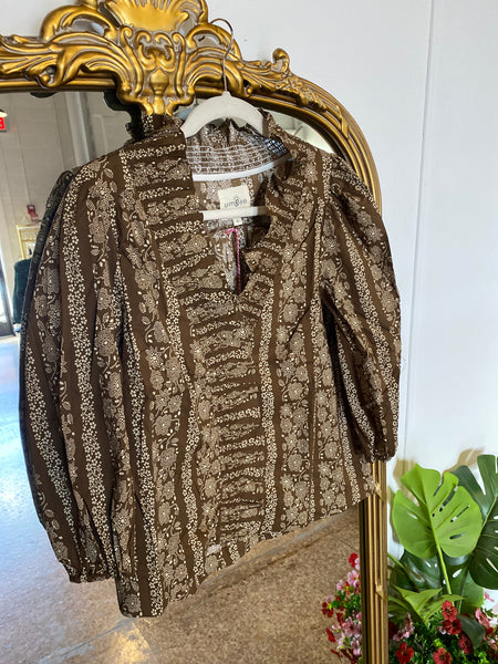 Abstract Print Ruffle Front Blouse- Brown-K. Ellis Boutique